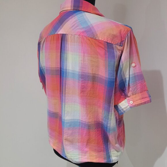 American Eagle Multicolor Plaid Short Sleeve Button Down Blouse Size Medium - Picture 11 of 15